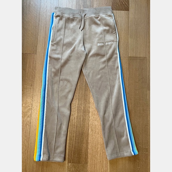 Palm Angels Pants - Palm Angels Tan Velour Rainbow Stripe Track Pants